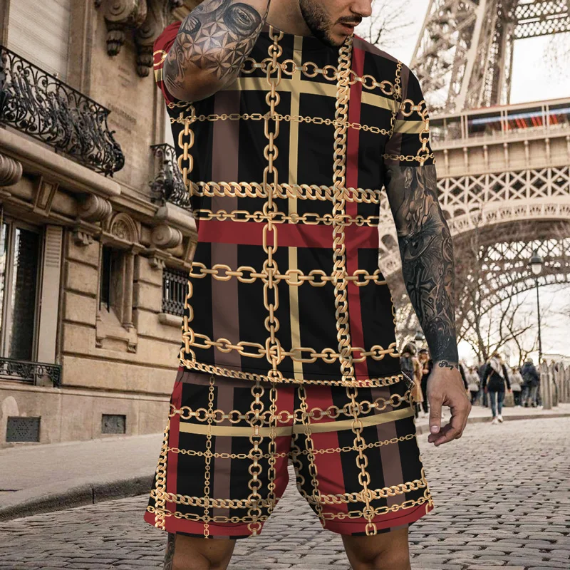 Latest Summer Men's Sports Suit Bohemian Style T-shirt Shorts 2-piece Sports Suit Casual Fashion Men's Oversized Outdoor Wear