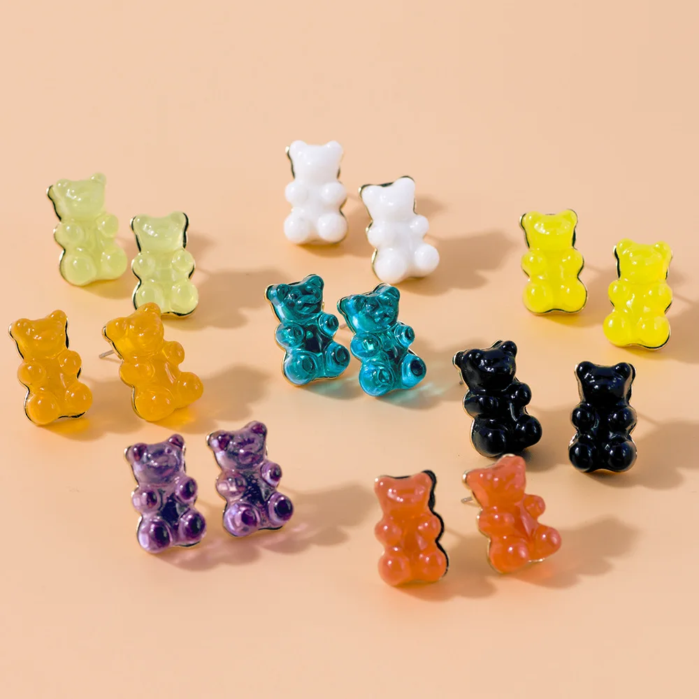 

New Resin Candy Color Bear Stud Earrings for Women Girls Cartoon Transparent Bear Barrette Cute Small Earrings Birthday Jewelry