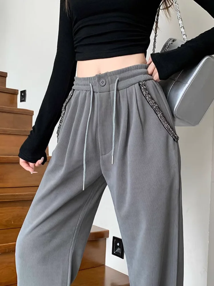 

Женские прямые повседневные брюки Стразы, новинка 2023, осенне-зимние брюки с высокой талией, свободные облегающие спортивные брюки с широкими штанинами