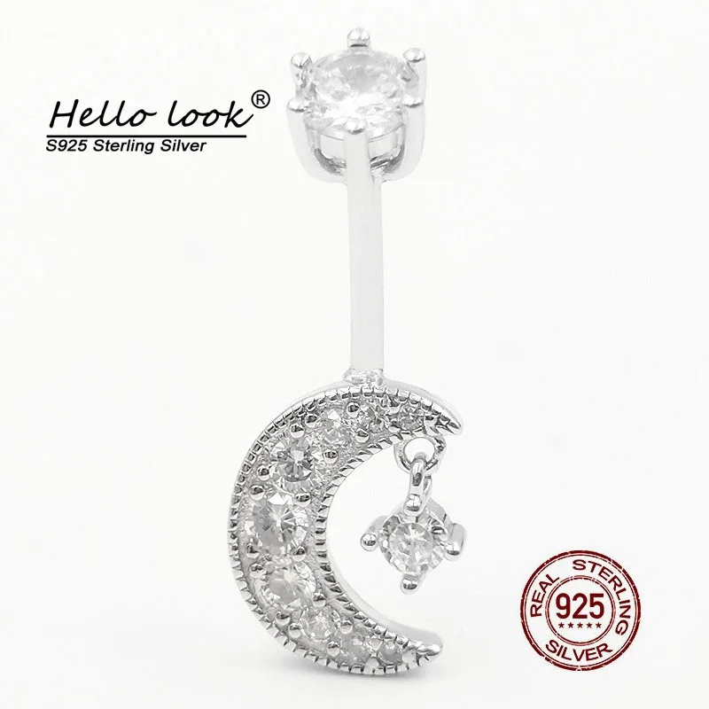 HelloLook Moon Zircon Charms Belly Button Piercing 925 Sterling Silver Belly Button Rings Sexy Navel Belly Piercing Body Jewelry