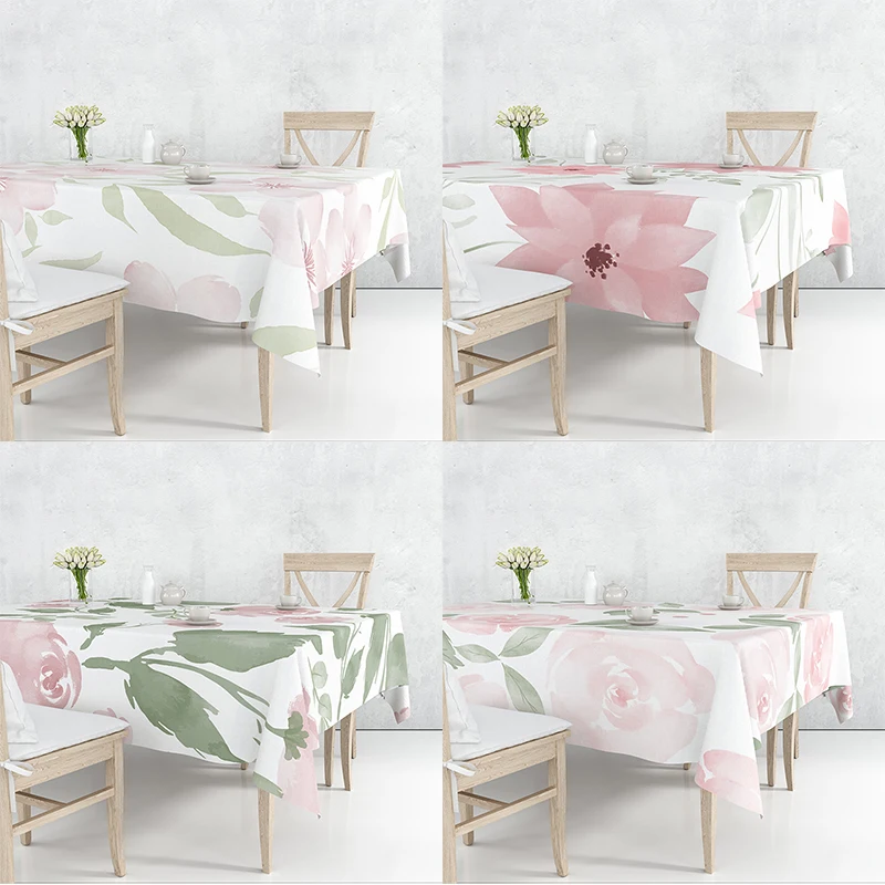 

Pink Rose Leaves Plants White Floral Patterns Flax Tablecloth Table Dustproof Cover Beautify Kitchen Dining Room Multiple Sizes