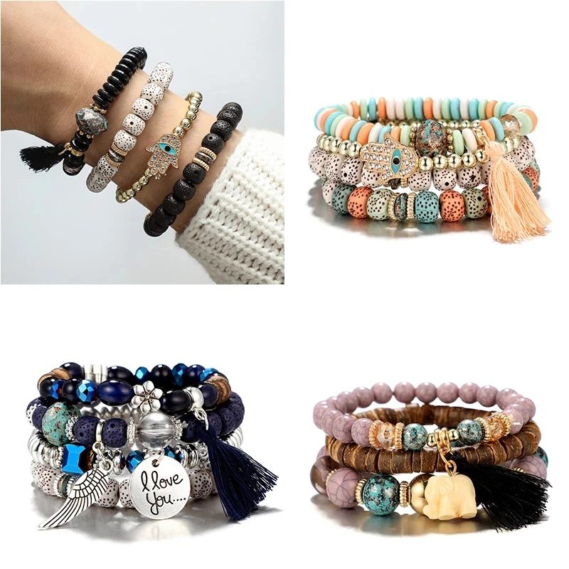 

HuaTang 4pcs /set Bohemian Crystal Hand Tassel Bracelet Set for Women Adjustable Colorful Stone Beadeds Bracelets Bangle 6851