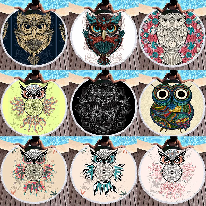 

Beach Towel Round Thicken Mat Owl Pattern Digital Printing 150cm Microfiber Tapestry Tassel Bath Swimming Blanket