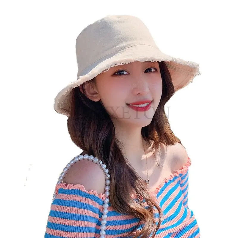 

Cotton Fringed Fisherman Cap Soft Aluminum Wire Shape Water Wash Bucket Hat Women's Four Seasons Solid Outing Basin Hat