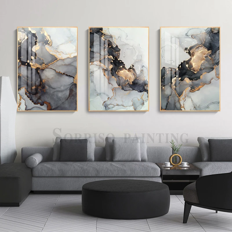 Постер на холсте с изображением золотого черного мрамора современная