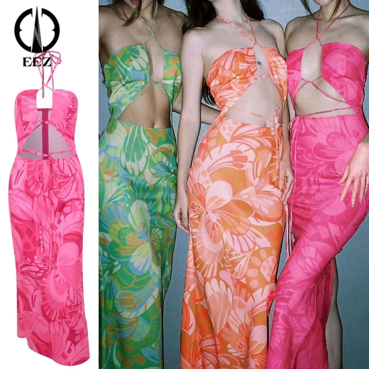 

Bohemian Tie-Dye Sexy Backless Side Slit Ankle Dresses Women Elegant Lace Up Sleeveless Summer Party Vacation Coquette Sun Dress