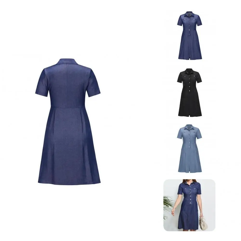 

Chic Summer Dress Pure Colors Buttons Loose Hem Short Sleeve Girl Dress