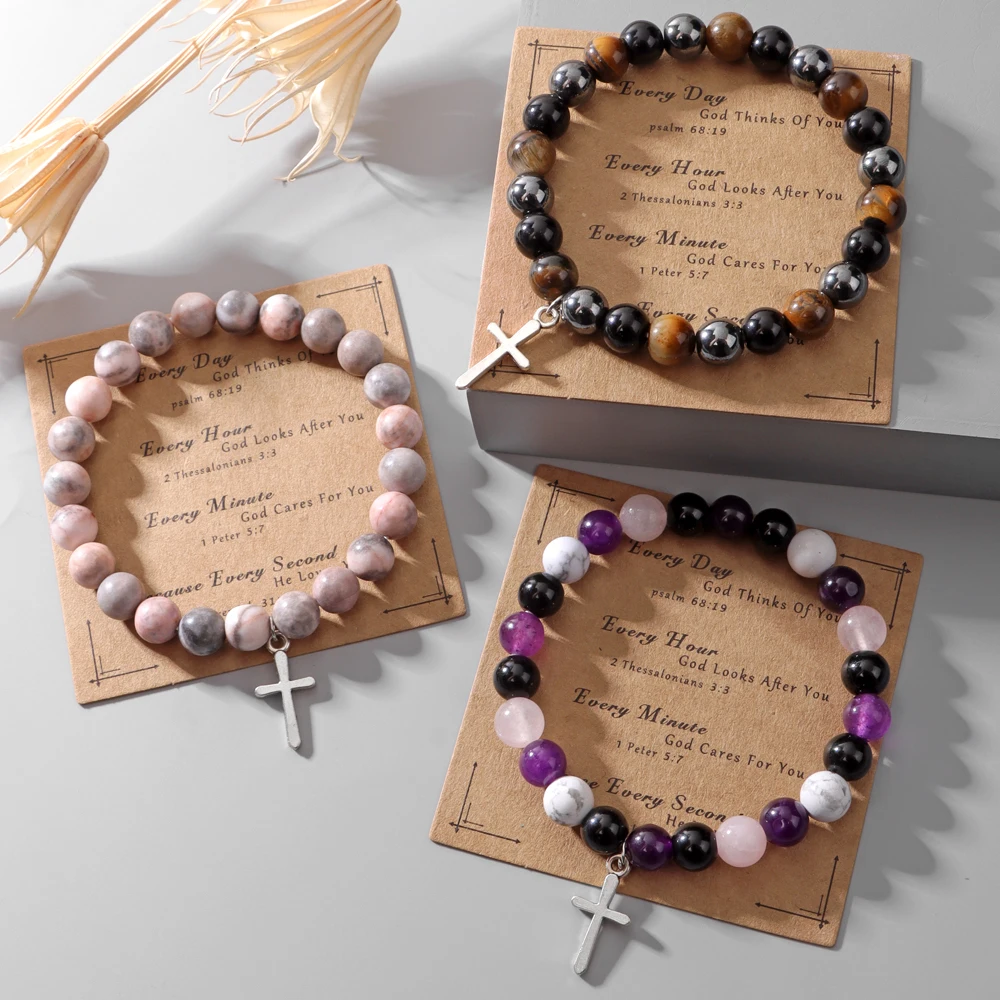 Природный камень крест браслет розовая зебра роза кварцевый бус подвеска