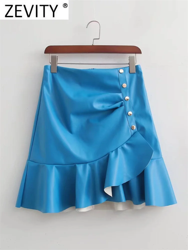 

Zevity Women Fashion Solid Color Hem Pleat Ruffles PU Leather Mini Skirt Faldas Mujer Female Chic Back Zipper Vestidos QUN2806