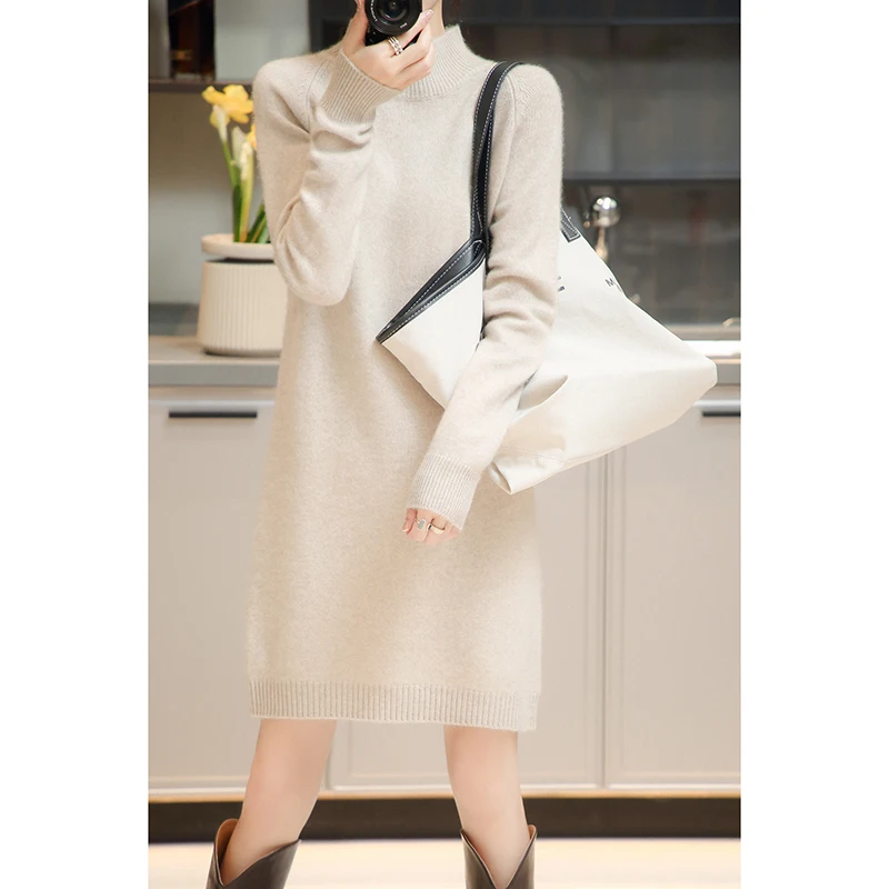 

Осенне-зимнее Новое Женское платье с коротким высоким воротником вязаная юбка средней длины свободная кашемировая большая юбка-свитер