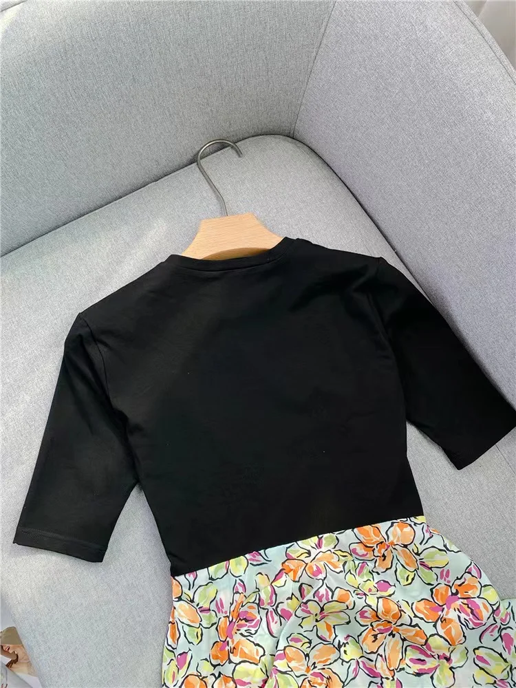 

2023 Summer New French Elegant Dress Women Fashion Fake Two Pieces Short Sleeve Printed Dresses Ladies Casual Slim Waist Robe