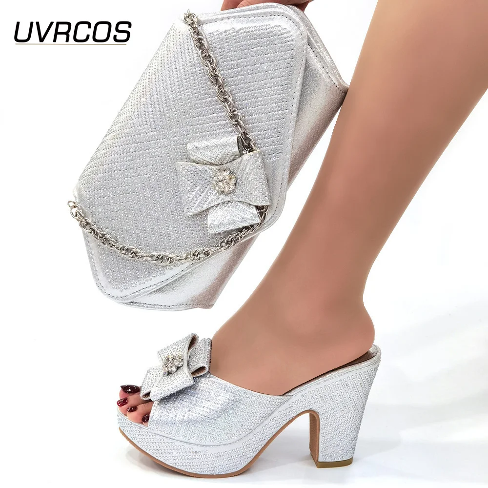 

Pretty Women Newest Arrivals Nigerian Women Shoes and Bag to Match in Silver Color Pointed Toe Pumps with Appliques for Wedding