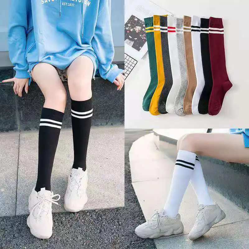 Women Solid Color Striped Cotton Calf Socks Girls Casual Sport Korea Fashion Stockings Warm Long Knee High Socks Japanese Style