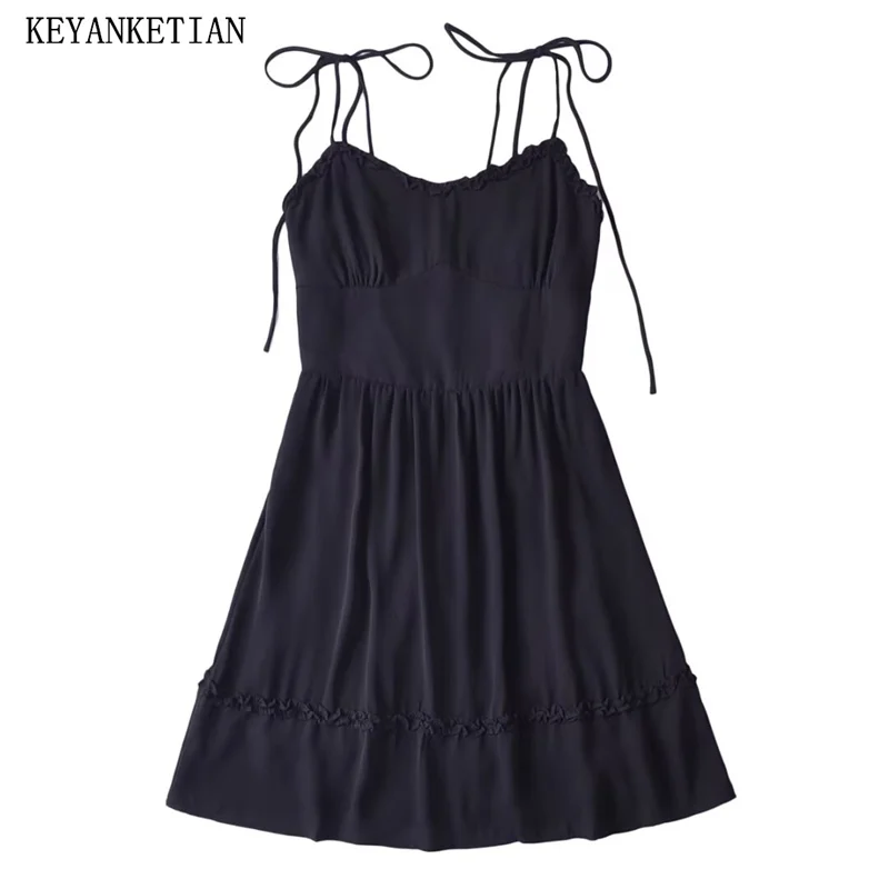 Новинка 2024 женское черное платье KEYANKETIAN с лямкой на шее летнее облегающее