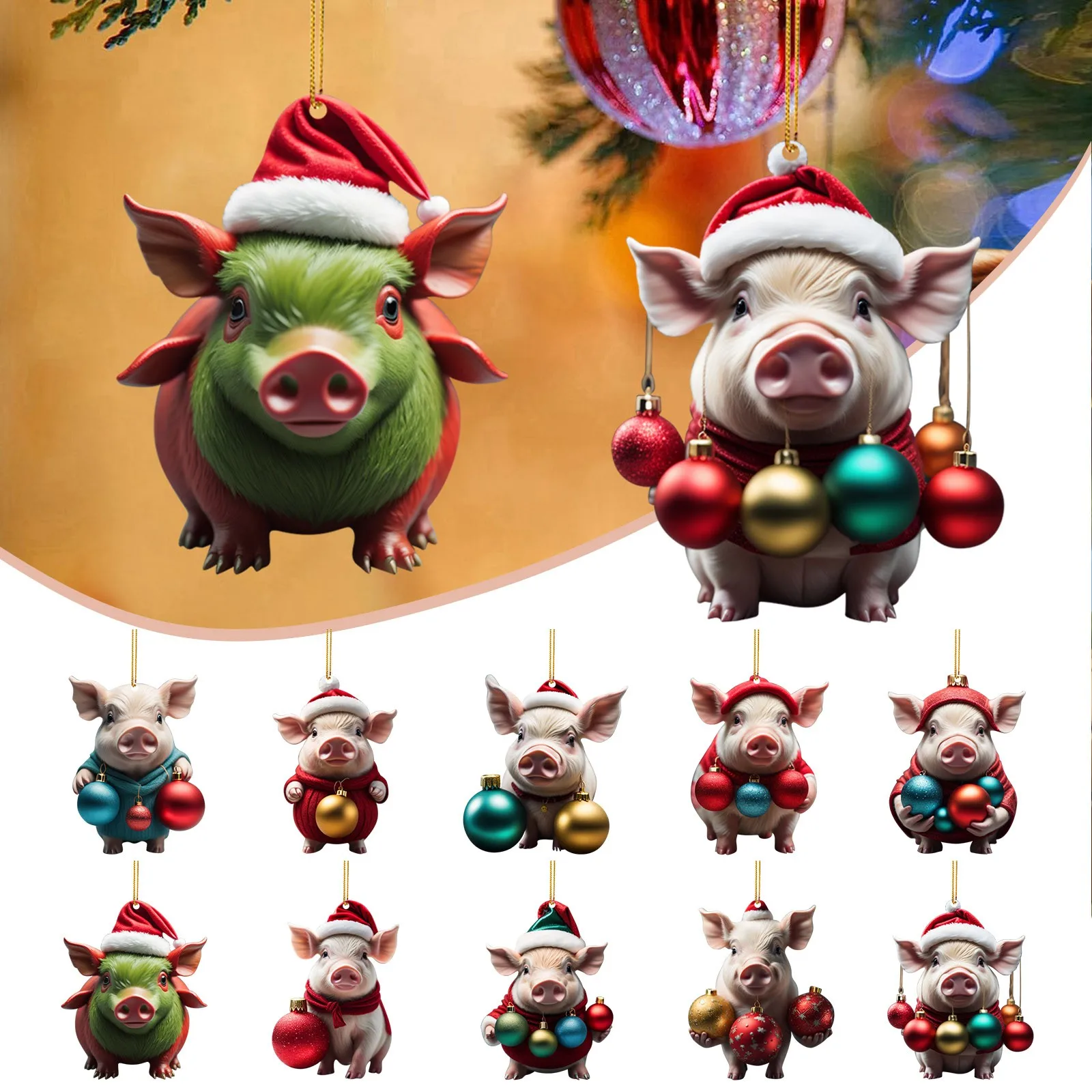 

2D Funny Piggy Images Christmas Ornaments Pig With Color Balls Hanging Gifts For Christmas Tree Decoration Home New Year Decor