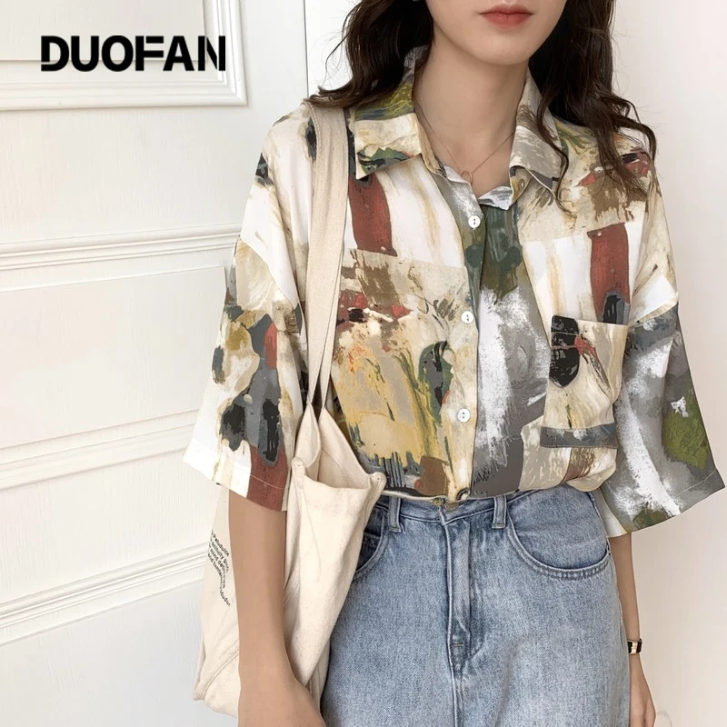 

DUOFAN Summer Women's Shirts Flower Print Retro Lapel Short Sleeve Blusas Femme Graffiti Design Female Tops Blouses