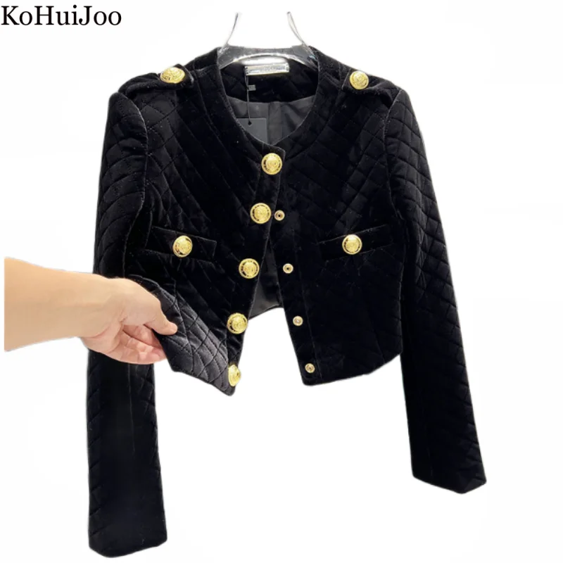 

KoHuiJoo Autumn Winter Vintage Velvet Jacket Women Short Single Breasted Gold Button Diamond Plaid Velvet Formal Coat Black