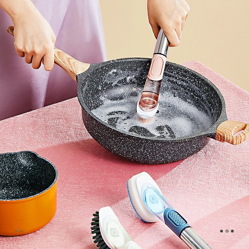 

3 In 1 Cleaning Washing Brush Set Scrubber Dish Bowl Sponge With Liquid Dispenser Long Handle Kitchen Cleaner Gadgets Tools