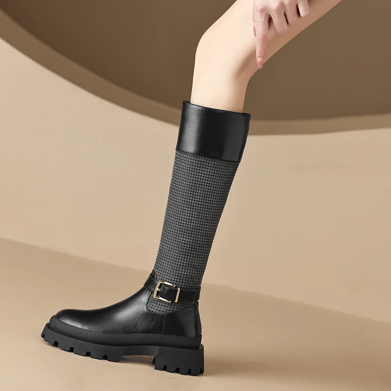 

Heihaian Vintage Women's High Boot Thick Round-Toed Knight Boot With Belt Buckle And Patchwork For Autumn/Winter High Boots