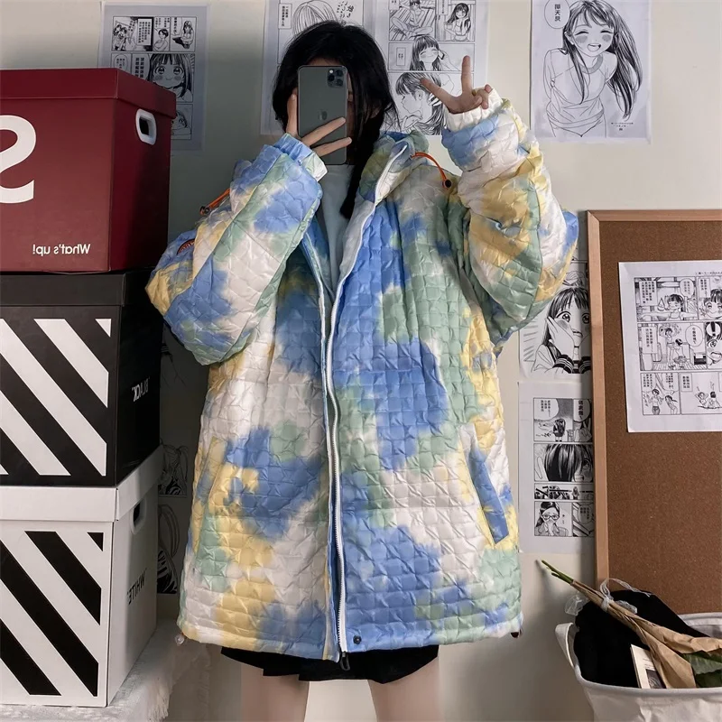 Mens Tie Dye Print Duck Down Puffer Jacket for Winter Fashion Trends Warm Clothes Couple Oversized Hooded Bubble Coat Streetwear