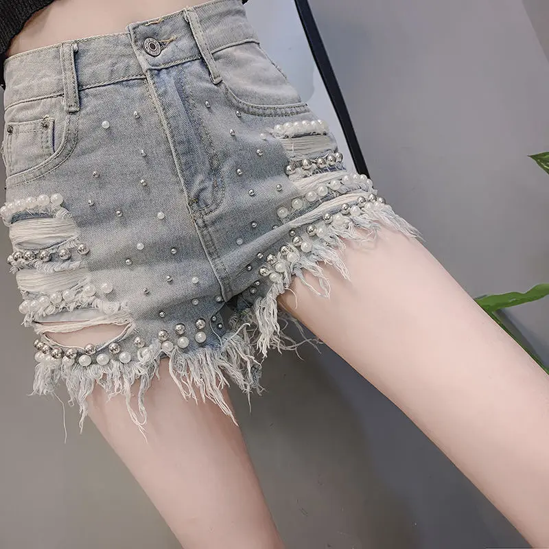 Summer Shorts Heavy Industry Jeans New Solid Color High Waist Beading Hole Button Pocket Raw Edge Hot Pants Female Clothing