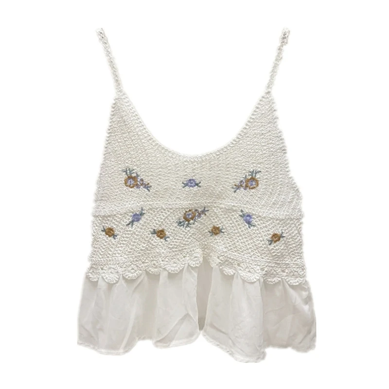 

41XC Women Spaghetti Strap Beach Camisole Hollow Out Crochet Knit Embroidery Floral Tank Top Pleated Ruffles Hem Peplum Vest