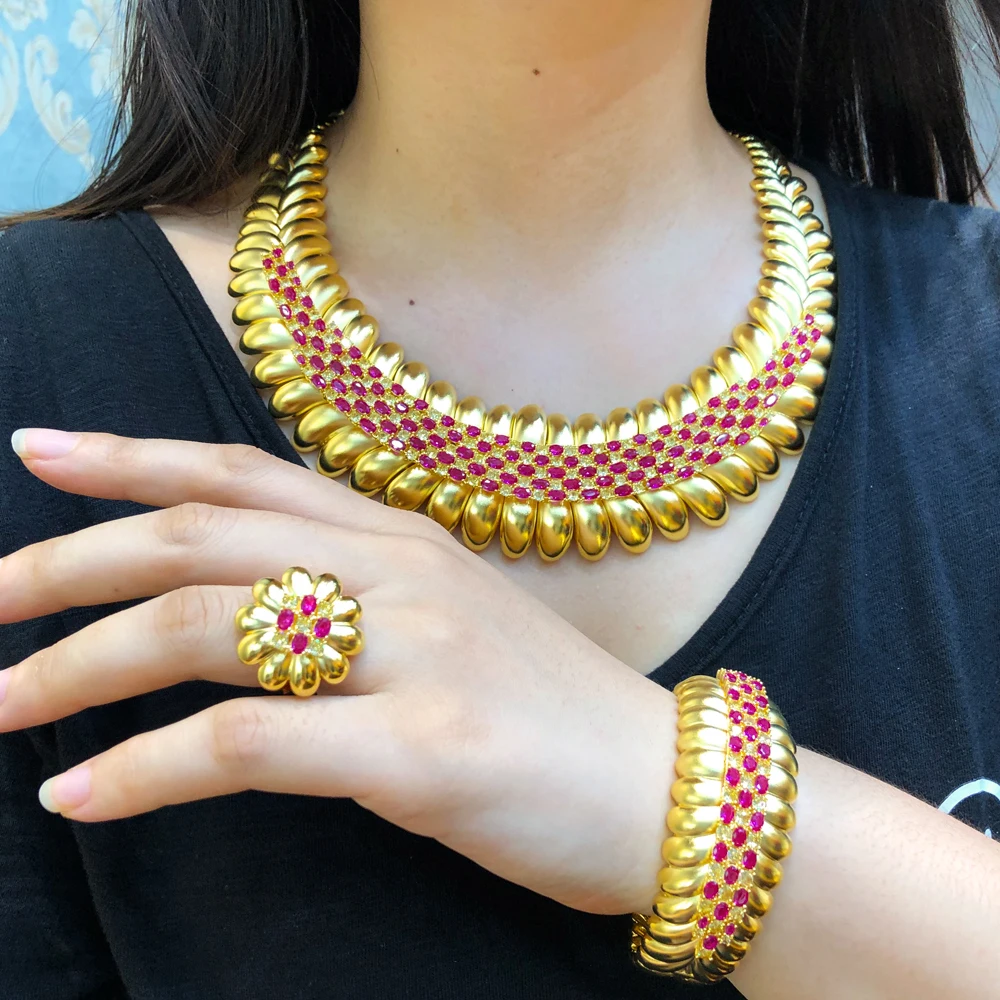 

Missvikki Charm Luxury 4PCS Big Necklace Bangle Earrings Ring For Women Russia Dubai Bridal Wedding Jewelry Sets High Quality