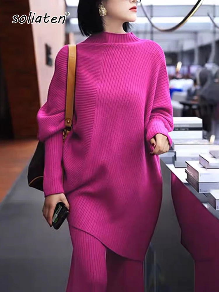 

Зимний плотный теплый женский свитер, комплект, водолазка, Необычные Пуловеры и свободные трикотажные штаны, 2023, осенне-зимний C-203