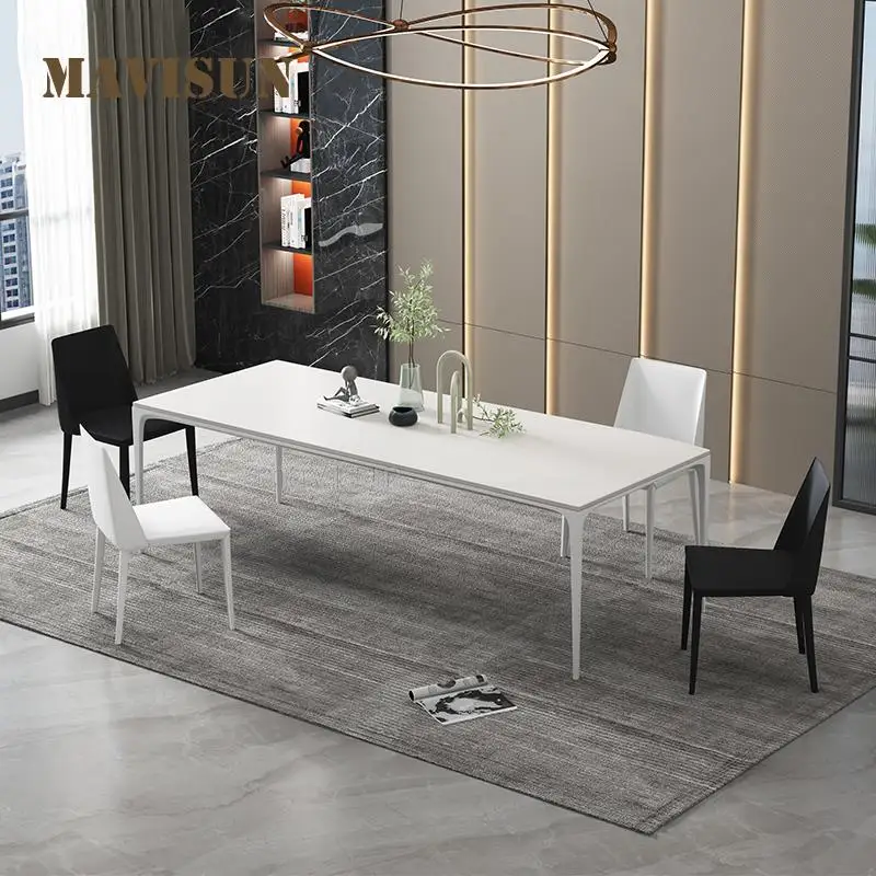 

New Italian Rock Slate Dining Table White Rectangular Small Apartment Household Marble Dining Table And Chairs For Restaurant