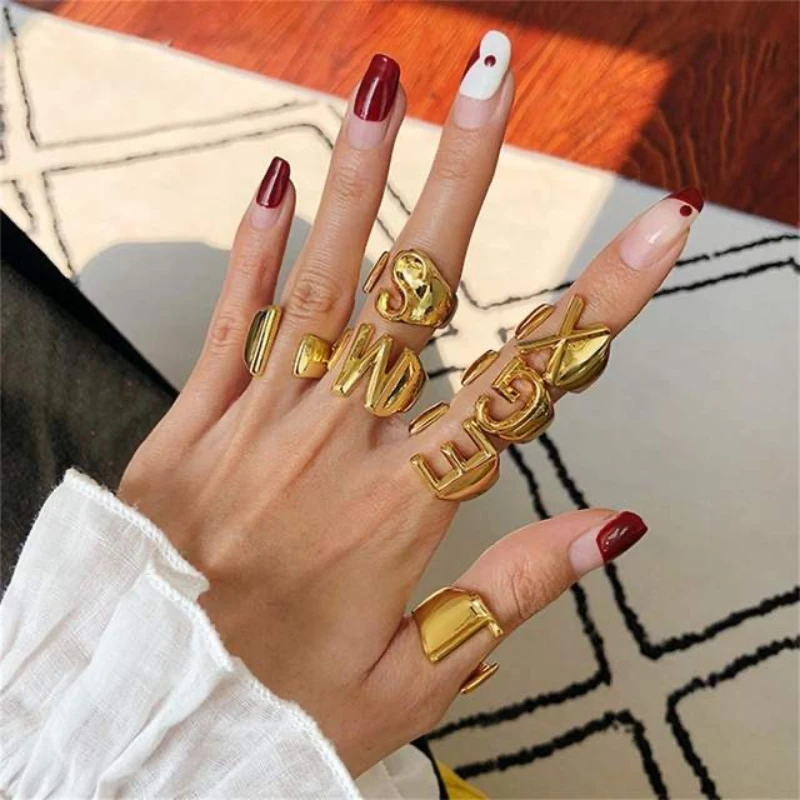 

Hot Sale Inital Letter Ring for Women Gold Color Adjustable Size Open Finger Rings Statement Name A-Z 26 Letters Jewelry