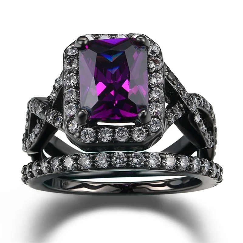 

Creative 2 Pcs/set Elegant Trendy Purple Black Color Crystal Round Zirconia Female Ring for Women Party Jewelry Accessories