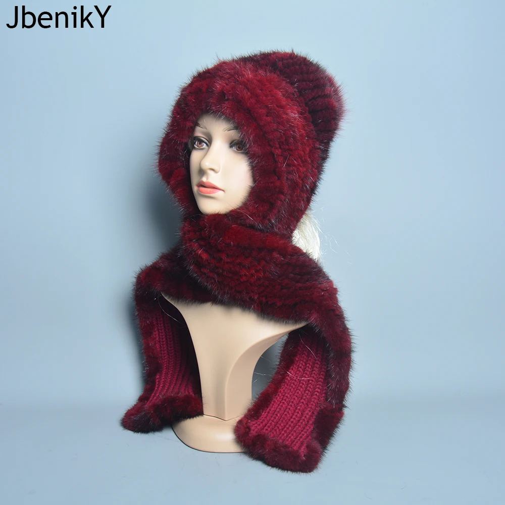Winter Women Outdoor Warm Real Mink Fur Cap scarf Knitted Natural Mink Fur Hat Scarves Lady Quality 100% Genuine Fur Hat Muffler
