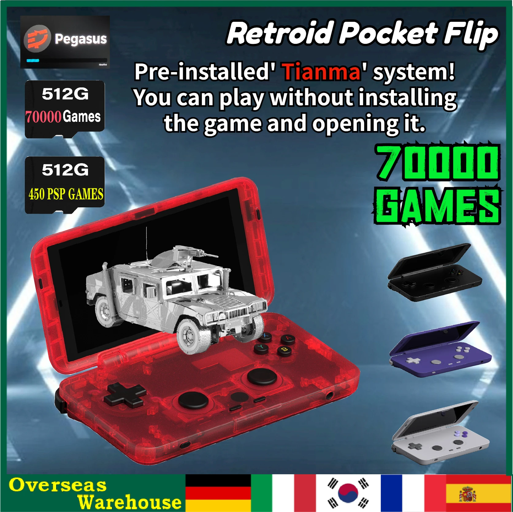 

Retroid Pocket Flip Retro Handheld Game Player 512G 70000 Games 4.7Inch Touch Screen Wifi Android 11 5000mAh Active Cooling RP