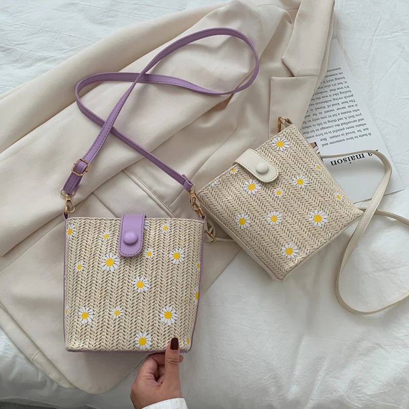 Mini Bags for Women Beach Woven Girls Messenger Bags Small Purses and Handbags Summer New Flowers Kids Straw Woven Shoulder Bag