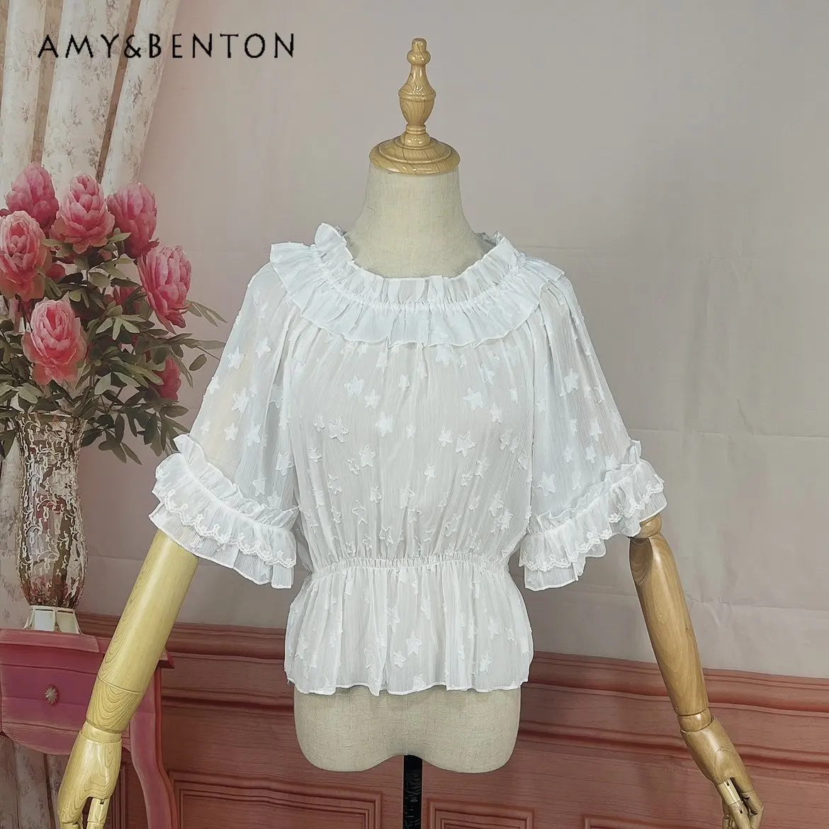 

Lolita Short Sleeve Chiffon Blouses Women Innerwear Elastic Collar Short Jsk Bottoming Shirt Female Sweet Rojita Top