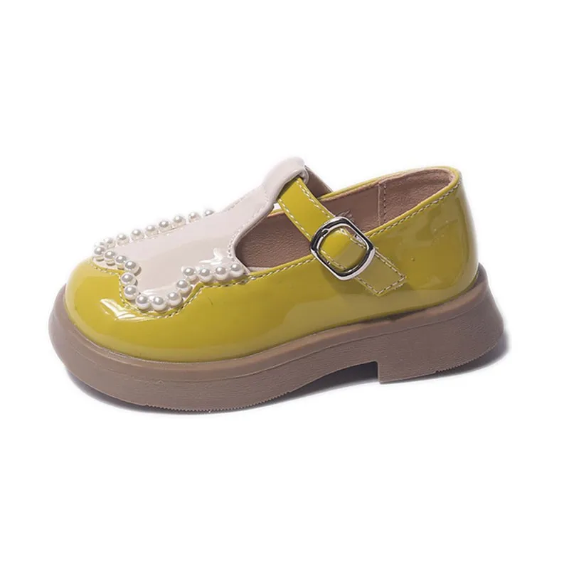 

CUZULLAA Children Spring Autumn Girls Princess Pearl Party Shoes For Kids Fashion Round Toe Patchwork Leather Shoes Size 23-36