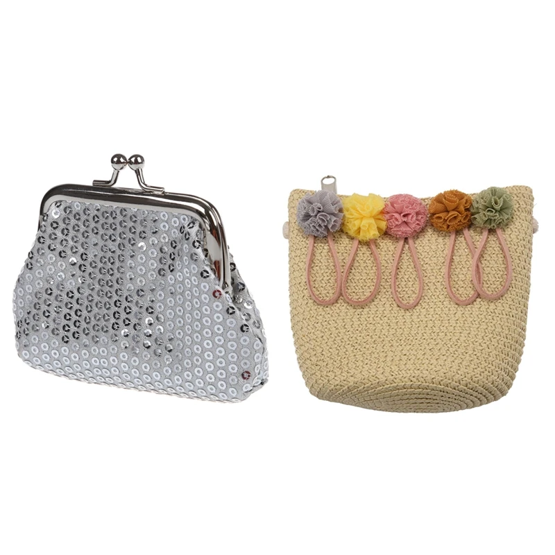 

Women's Sequins Coin Purse Buckle Mini Wallet(Silver) & Girls Shoulder Bag Straw Rattan Weave Crossbody Bag(Beige)