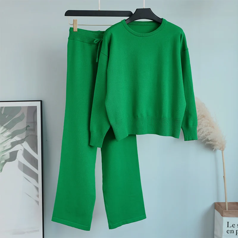Женский трикотажный брючный костюм, однотонный зеленый костюм из двух предметов, свитер на завязках, Осень-зима 2022