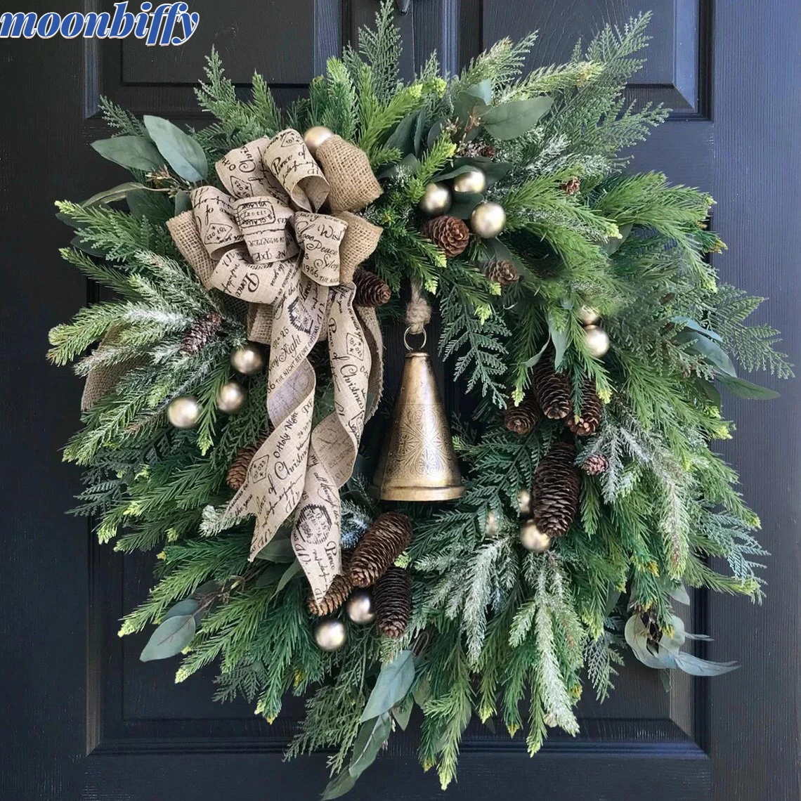 

Christmas Wreath Artificial Rattan Pine Cone Bells Holiday Merry Christmas Farmhouse Garland Hanging Ornaments for Front Door