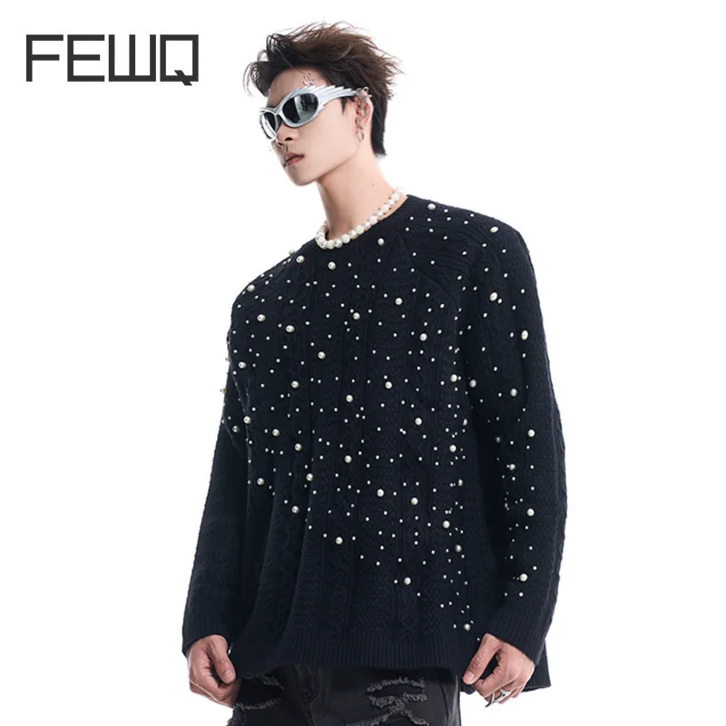 FEWQ мужской нишевый вязаный свитер ручной работы с жемчугом осень-зима простой 2024