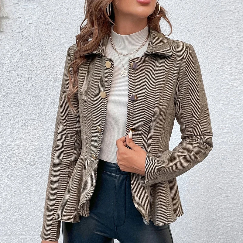 

Women Buttoned Slim Autumn Coats 2023 Long Sleeve Winter Turn Down Collar Jackets Casual Jacquard Irregular Ruffle Hem Blazer