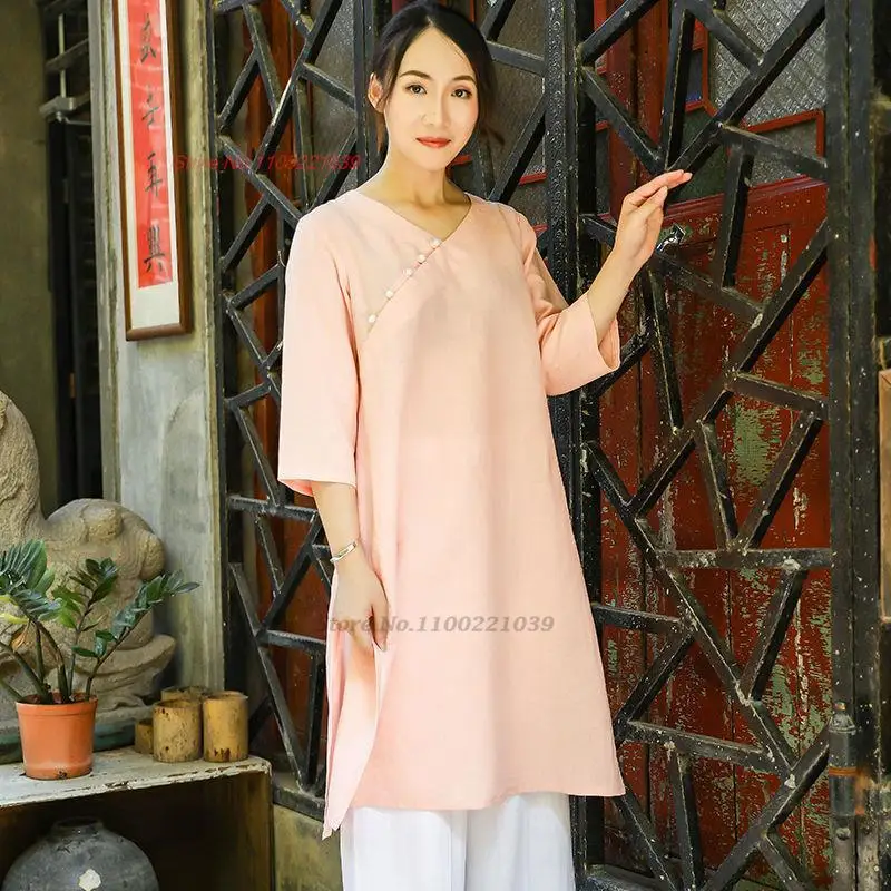 

2023 traditional chinese cotton linen blouse tang suit national improved qipao blouse vintage tea service qipao retro zen shirt