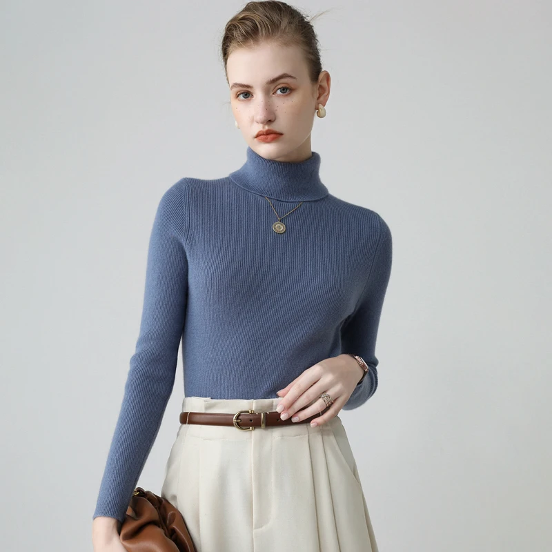 Autumn and Winter New Style Women's High Collar 100% Pure Cashmere Pullover Slim Wool Base Coat with Knitted Sweater Underneath