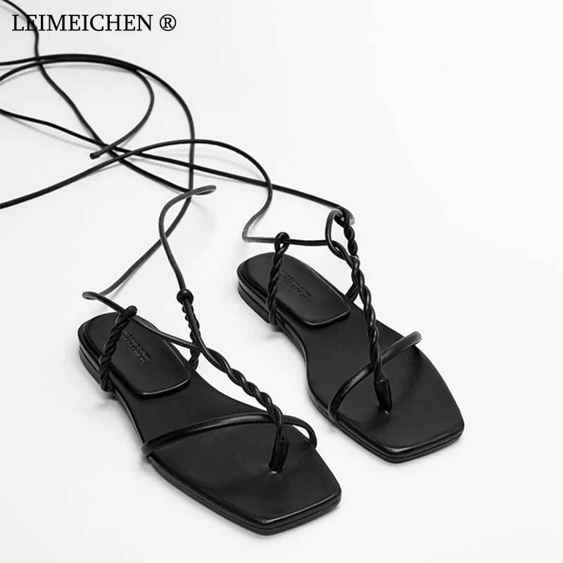 

Дизайнерские брендовые кожаные сандалии LEIMEICHEN, модные повседневные сандалии на плоской подошве со шнуровкой и перекрестными ремешками, ве...