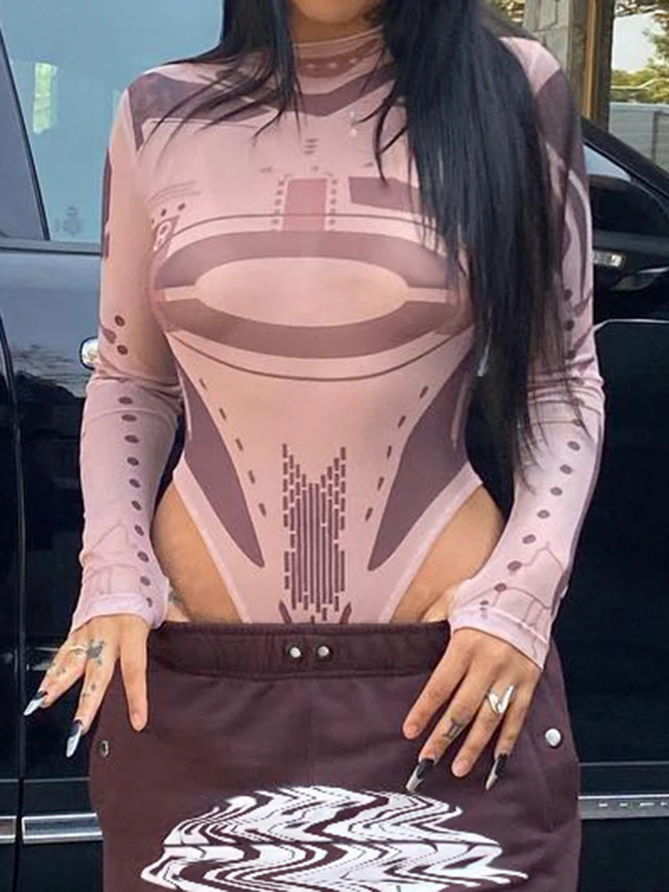 

Sunny Y.j. Abstract Print Grunge Rompers See Through Sexy Rave Bodycon Bodysuits Women Long Sleeve Short Overalls Body Tops