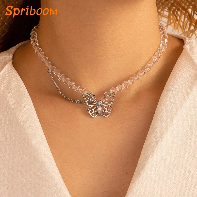 

Silver Hollow Butterfly Choker Necklace Transparent Beaded Neck Chain Neckalces Shiny Butterflies Pendant Women's Collar Jewelry