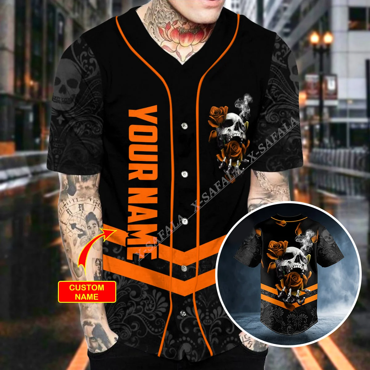 

Orange Roses Sugar Skull 3D Printed Baseball Jersey Shirt Tank Top Tee Men Streetwear Short Sleeve V-Neck Hip Hop