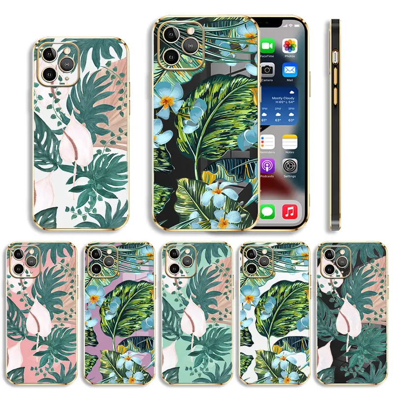 

Tropical Leaves For Apple iPhone 11 14 Pro Max 13 12 8 XS 6 6S 7 Plus X XR Mini 5 12mini 13mini Cover Etui