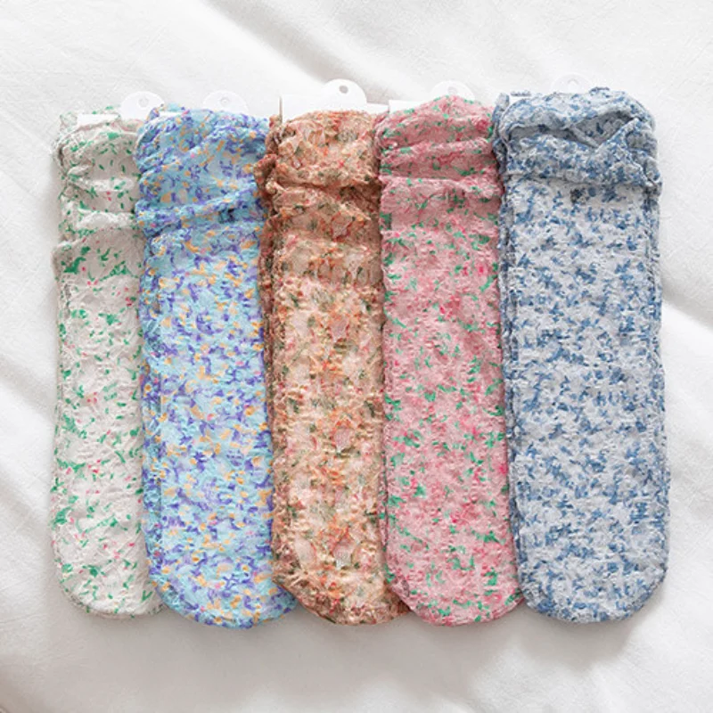

Summer Fashion Woman Socks Korean Flower Print Mesh Fishnet Loose Long Socks Ultra-thin Breathable Harajuku Retro Crew Socks