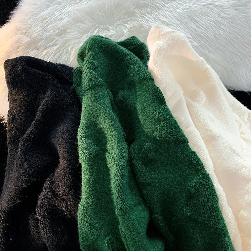 Женский вязаный белый жаккардовый пуловер свободного покроя с длинным рукавом и